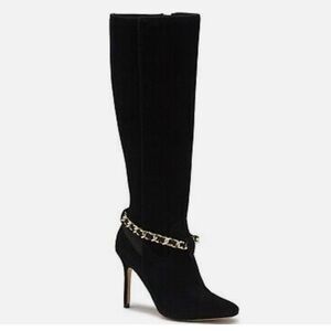 Karl Lagerfeld Maryam Black Suede Chain Trim High Heel Boots Size 7/ 37.5